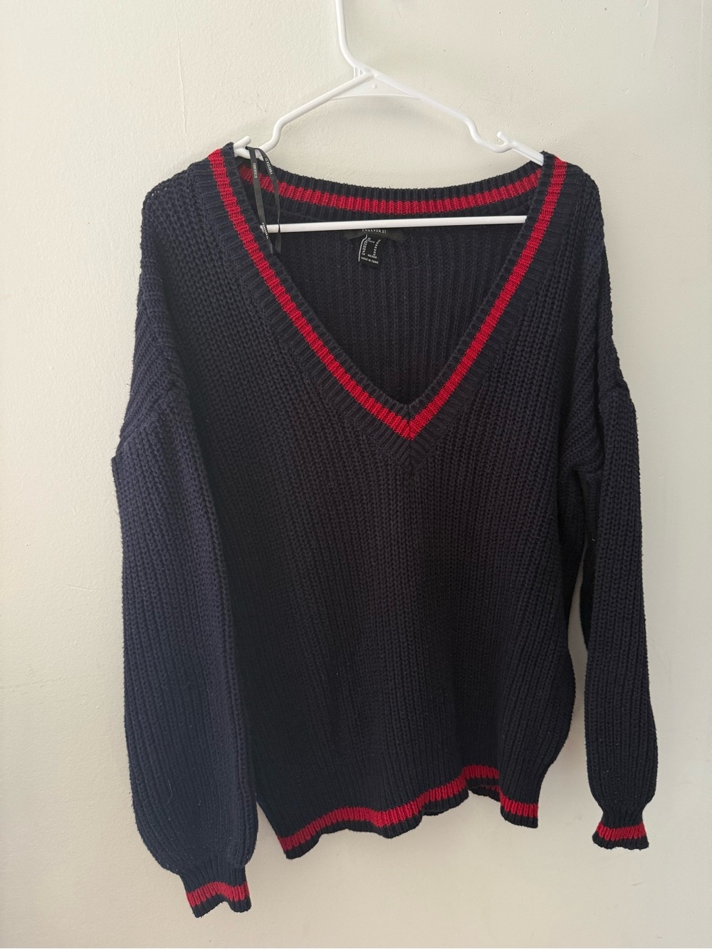 Forever 21 Navy V-Neck Sweater with Red Trim